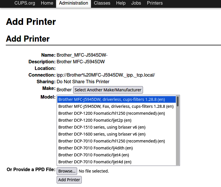 Select the driverless printer driver