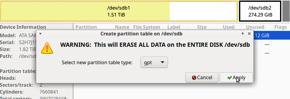 Selecting the new partition table type