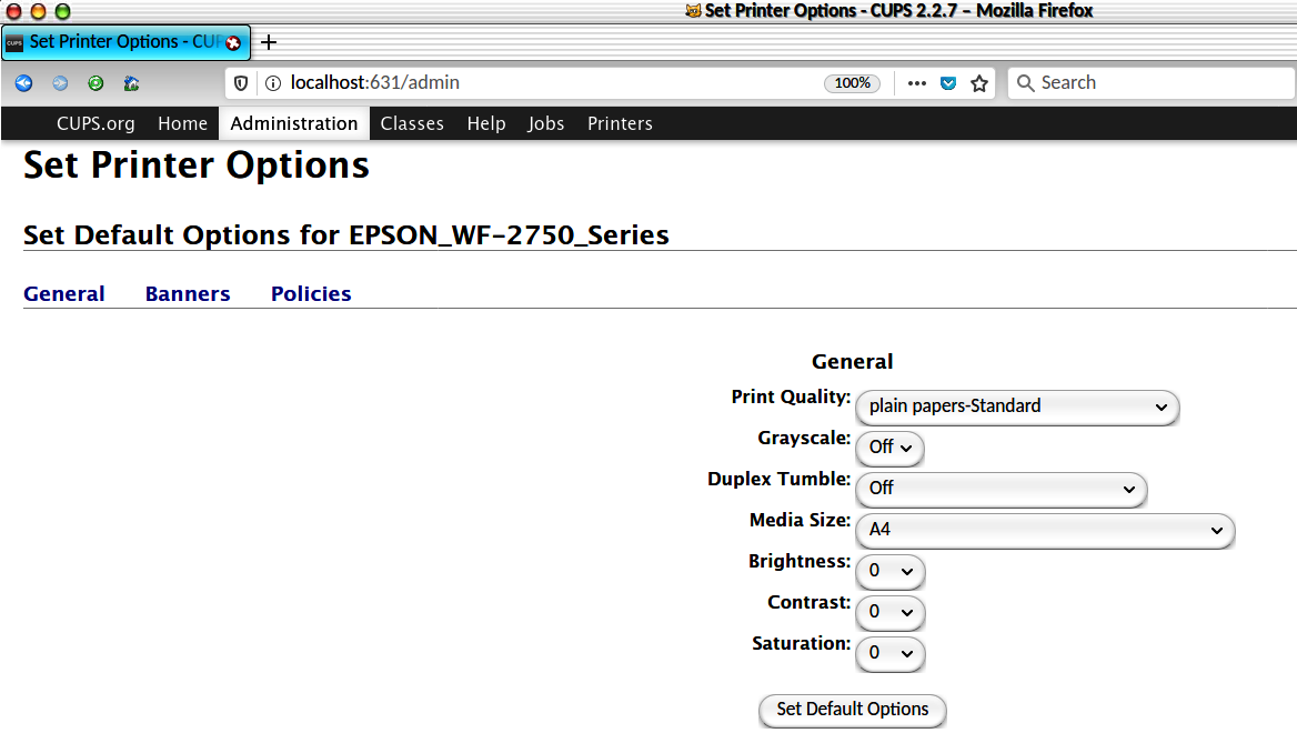 Set default printer options