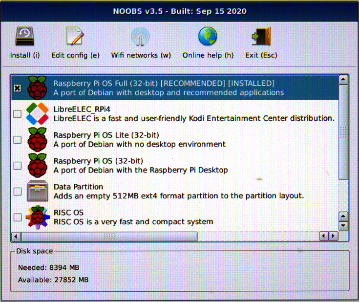 NOOBS installation screen.