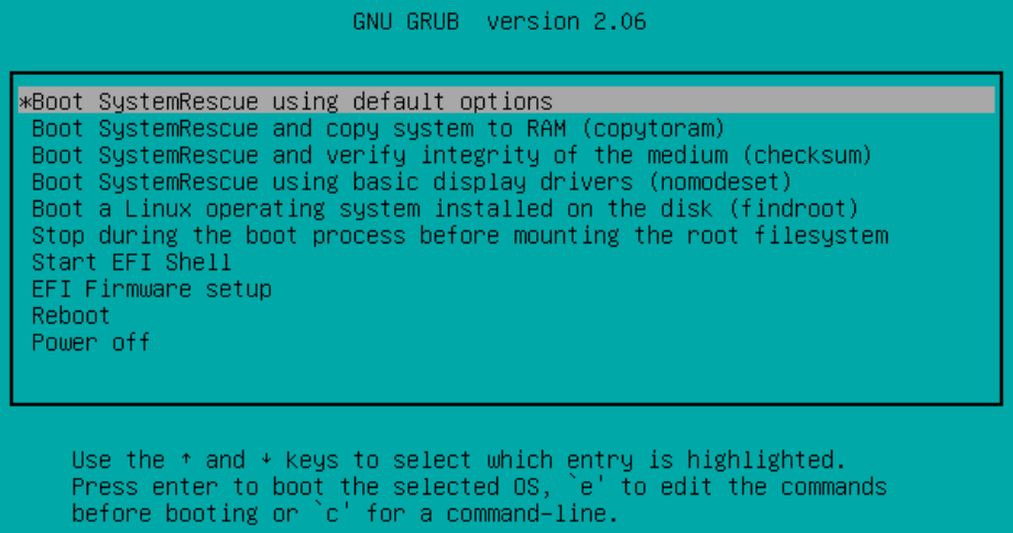 The SystemRescue UEFI boot screen.