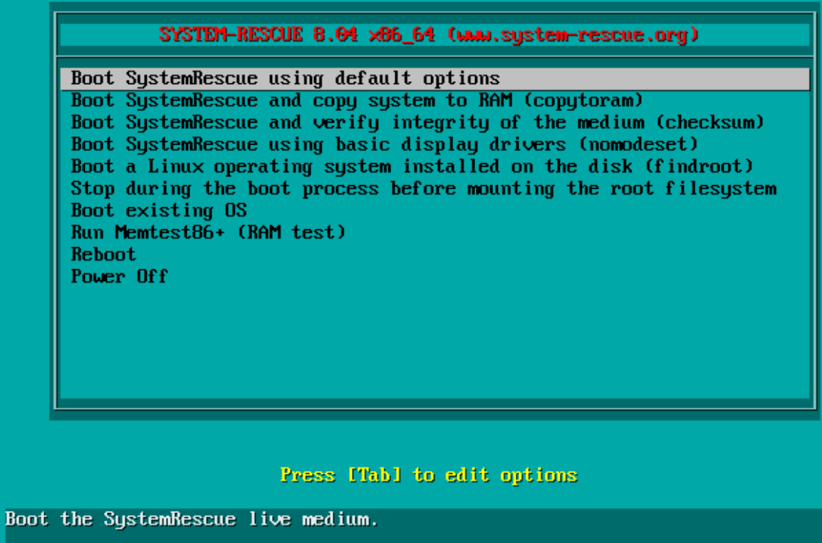 The SystemRescue legacy boot screen.