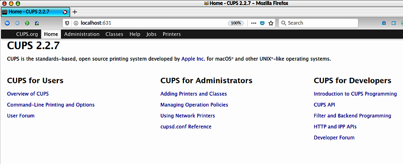 The CUPS web control panel