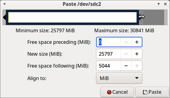 Settings for the new partition