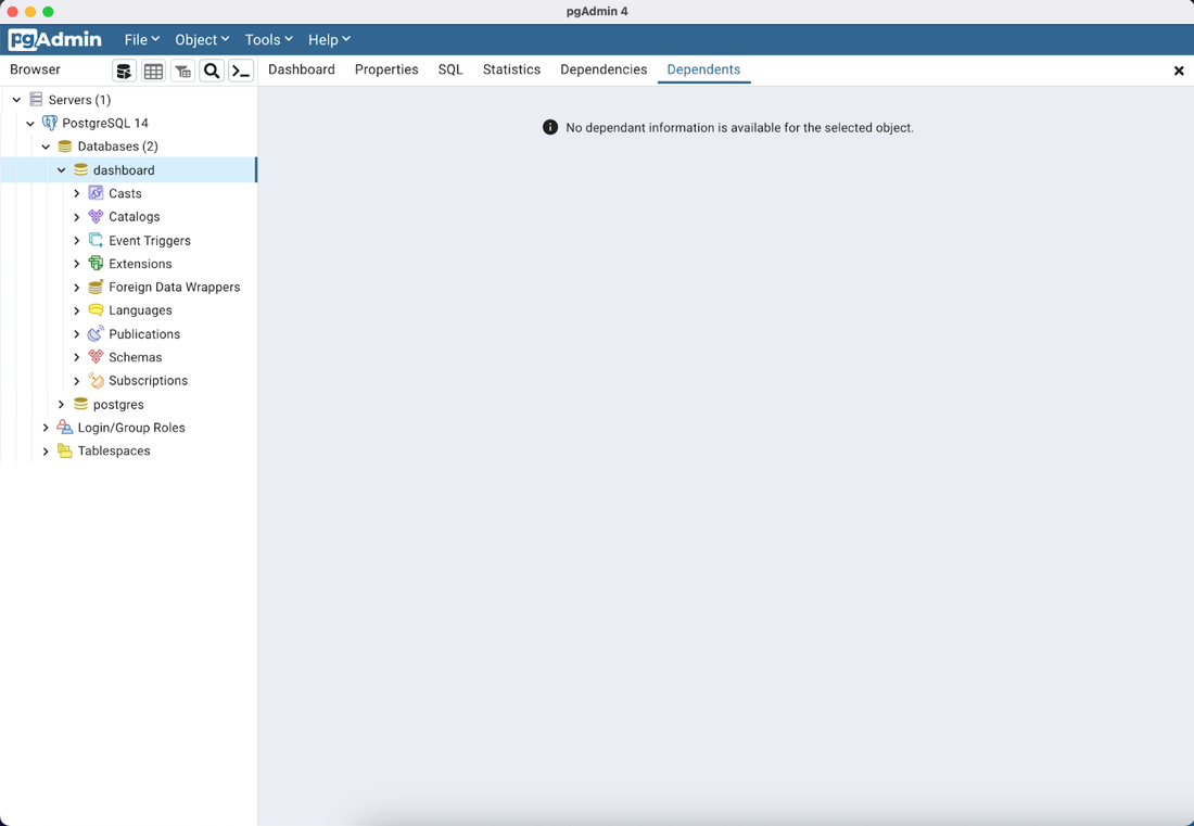   Dashboard database in local Postgres