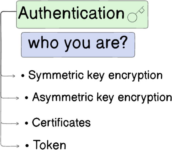 Flow chart illustrating authentication methods. The main topic is "Authentication" with a key icon, followed by the question "who you are?" in a blue box. It branches into four methods: Symmetric key encryption, Asymmetric key encryption, Certificates, and Token. The chart is duplicated below with similar structure and content.