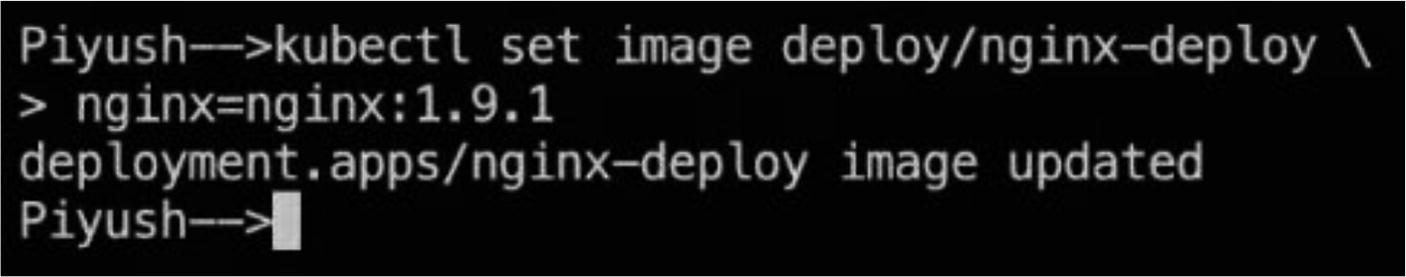 Command line screenshot showing a Kubernetes command to update a deployment image. The command used is `kubectl set image deploy/nginx-deploy nginx=nginx:1.9.1`, followed by a confirmation message: "deployment.apps/nginx-deploy image updated."