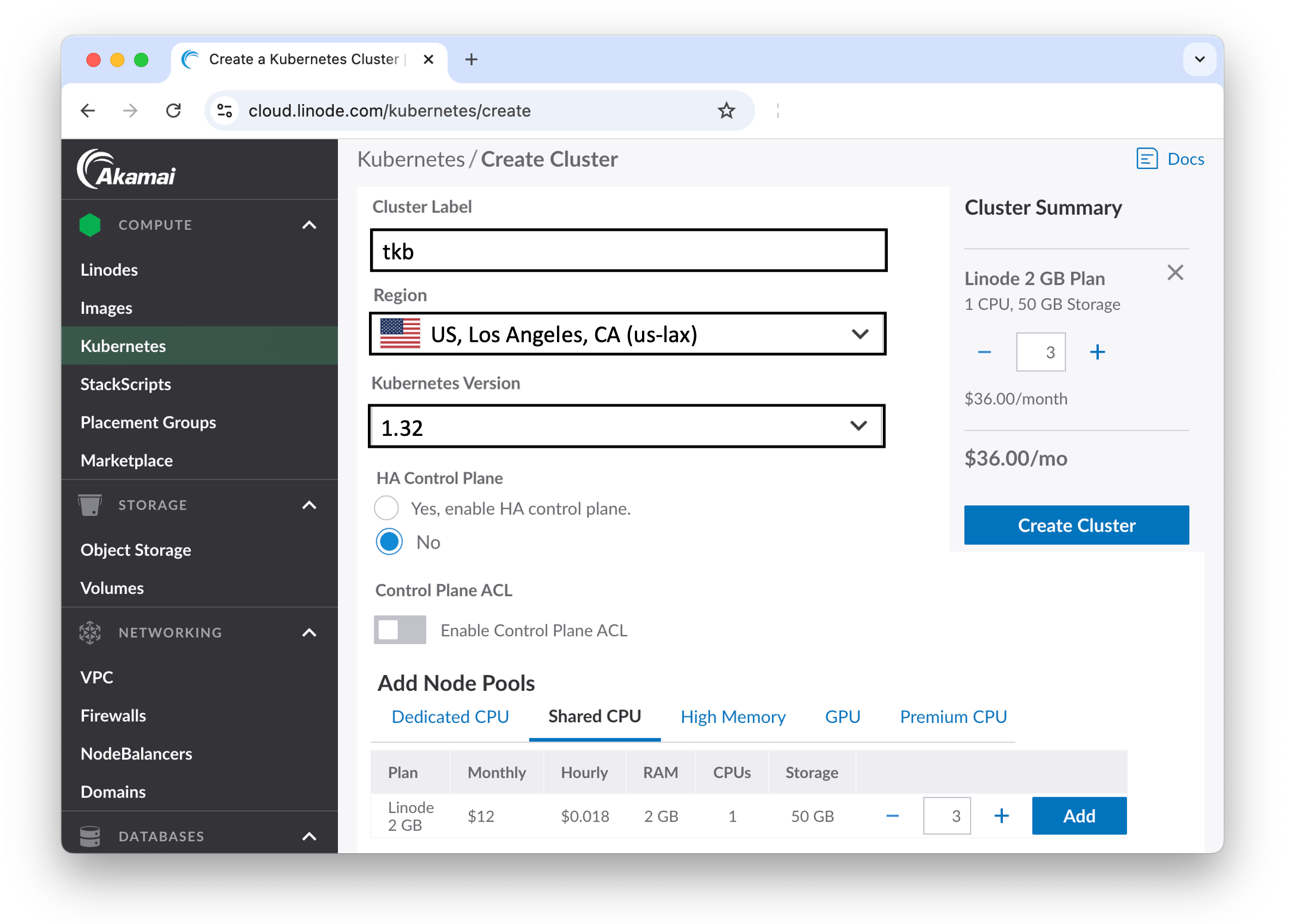 Figure 3.3 - LKE cluster settings