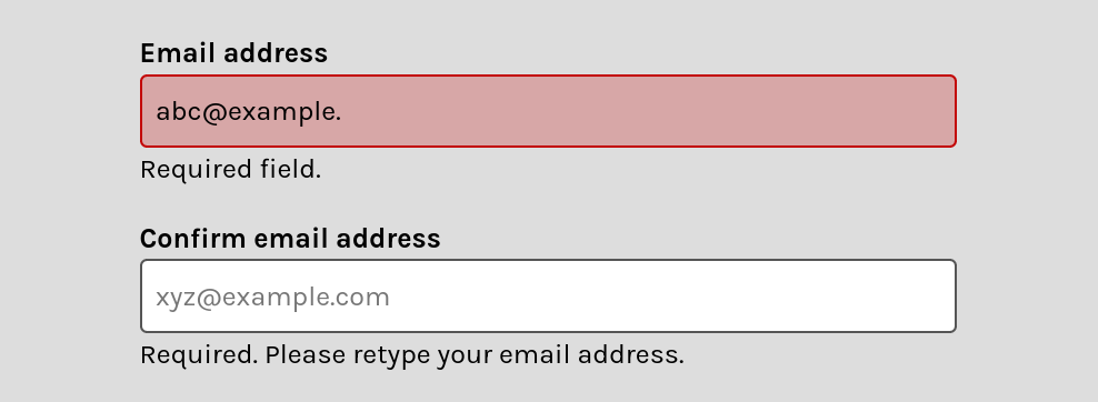 Both form fields are required, but only the field with invalid user-entered data is highlighted