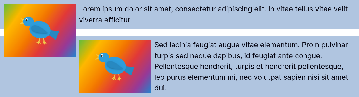 The content in the second media object snaps on the image of the first, which is hanging out of its container