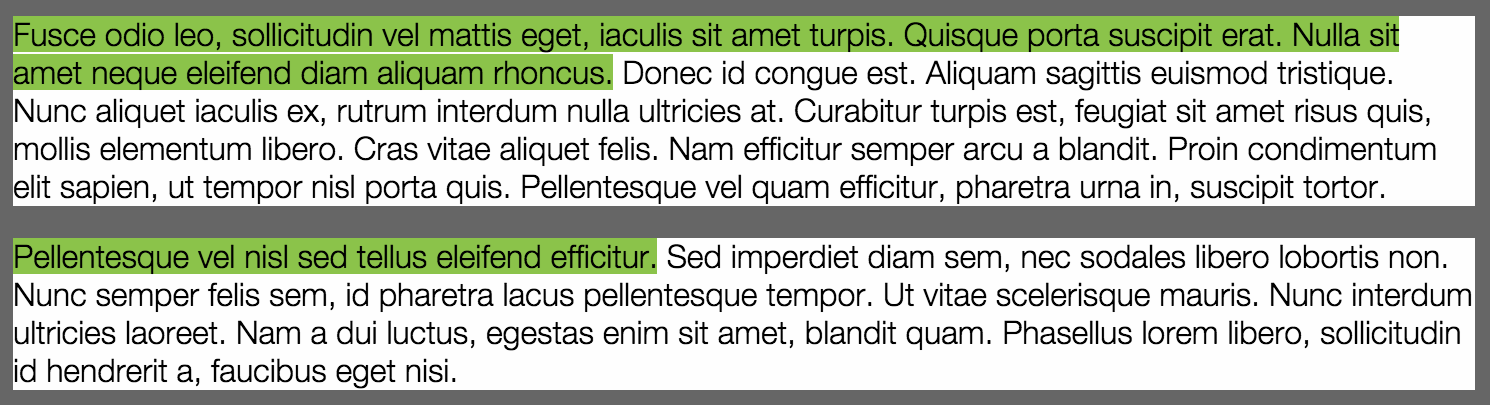 Sections of a paragraph showing a green text over several lines