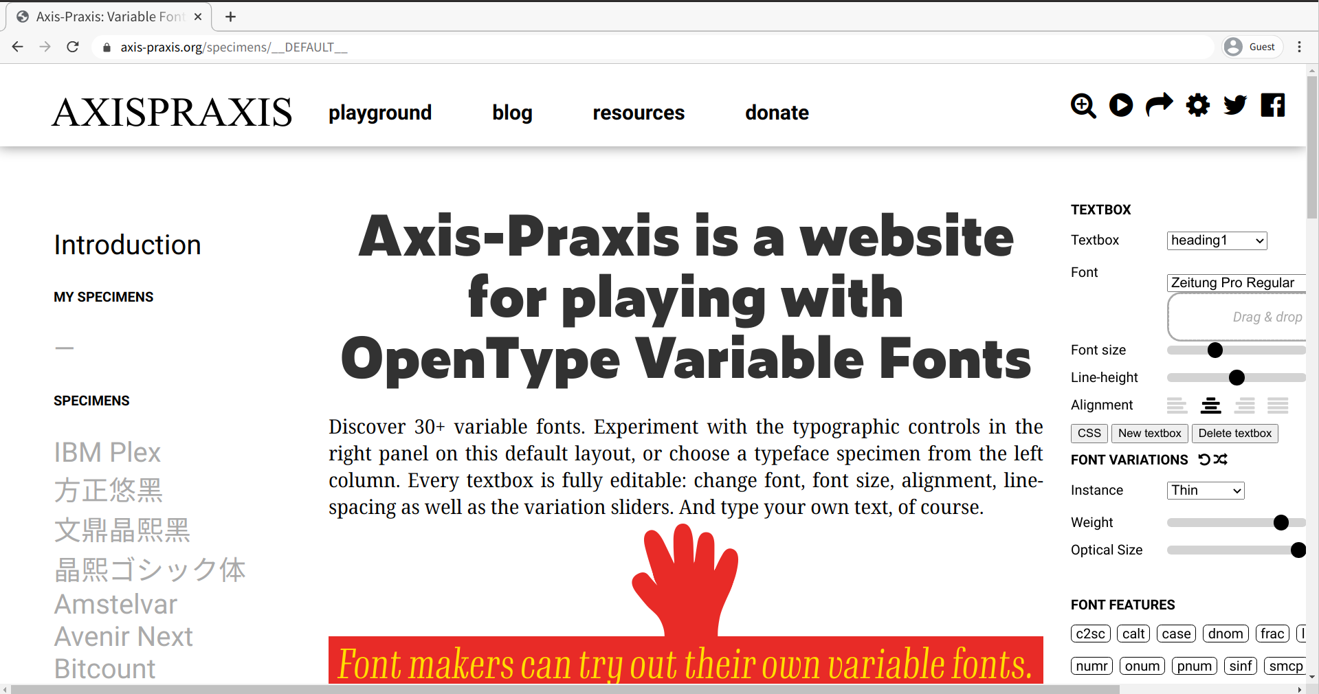The user interface of Axis-Praxis.org, a playground for experimenting with variable fonts