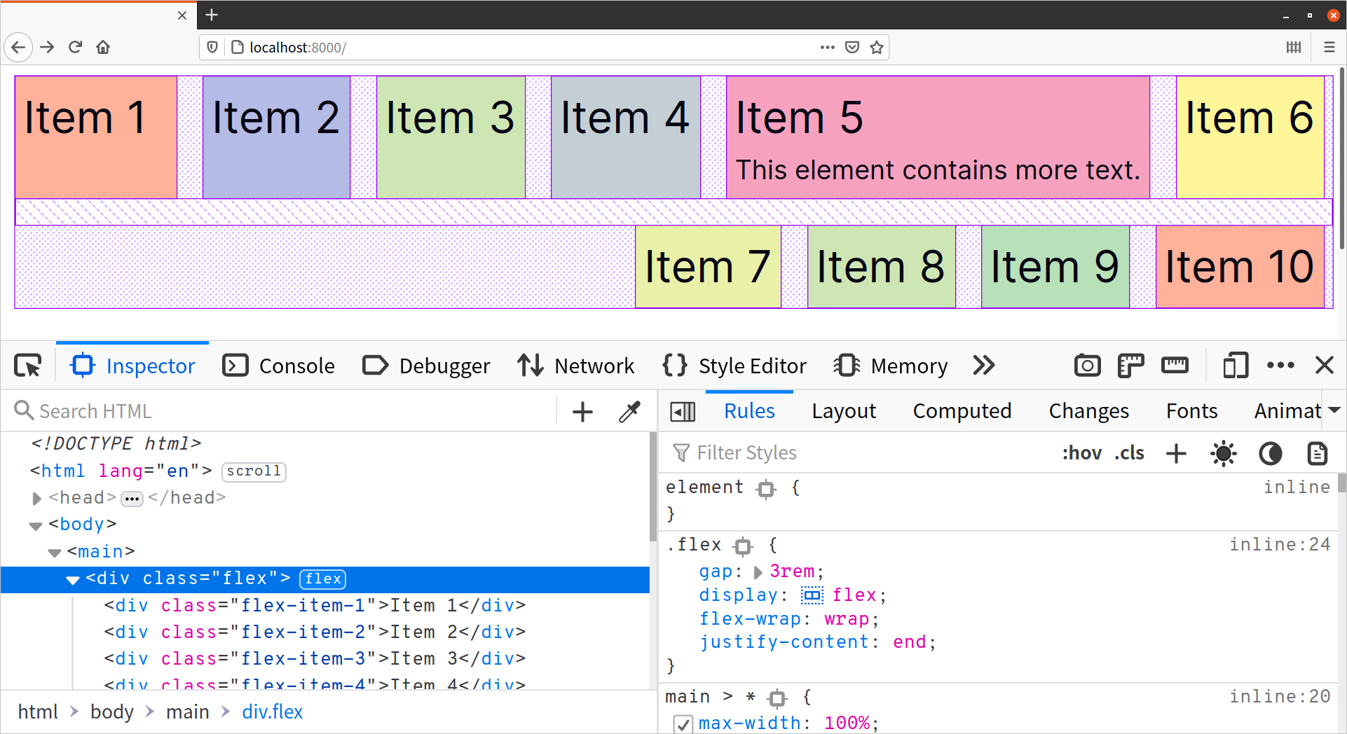 The Firefox Flexbox overlay. The Flexbox overlays for Chrome and Edge work similarly