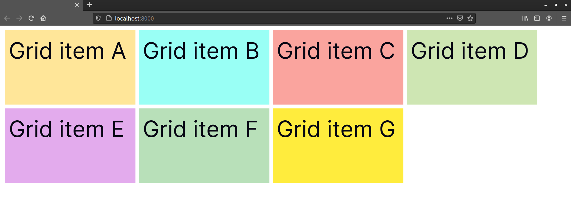 Seven colored items in two rows, with gaps between them