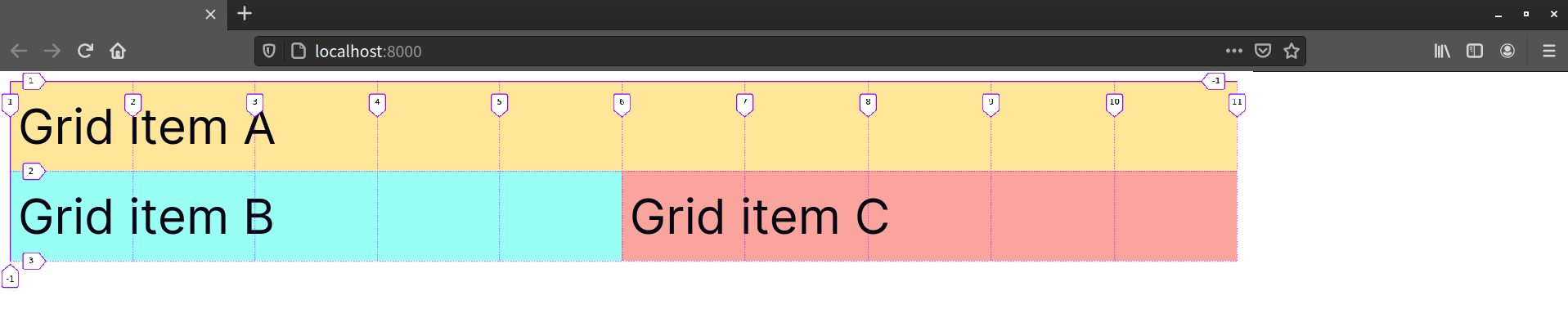 A grid created using line-based placement, as viewed using the Firefox grid inspector