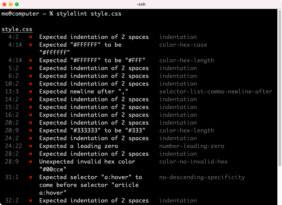 How stylelint displays rule violations