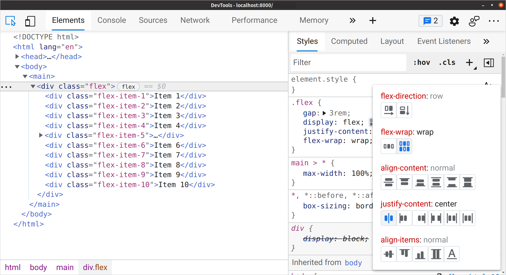 Using the Flex inspector in Chrome and Edge 92 and above