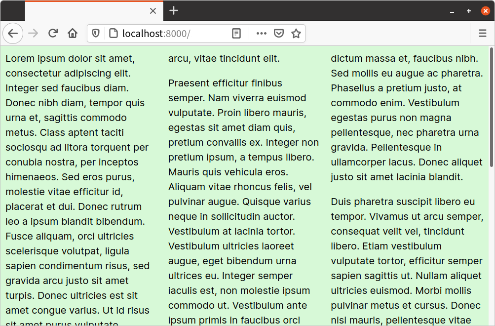A three column layout in an 800-pixel-wide container