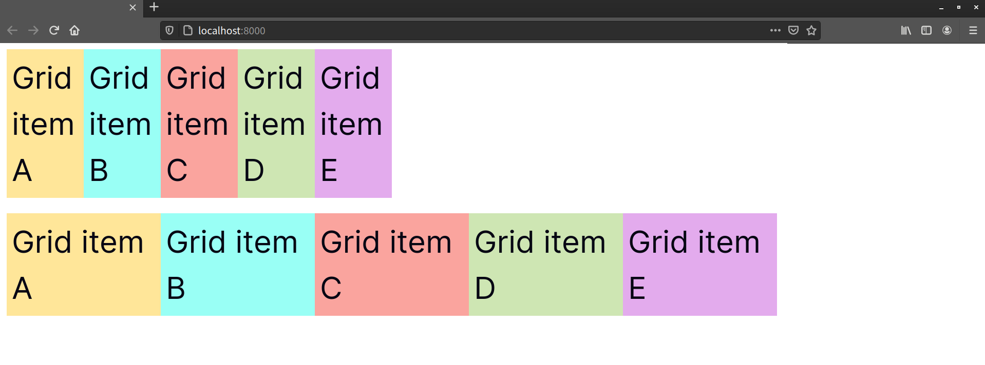 Both grids consist of five items in a row, but the auto-fill grid appears half the width of the auto-fit grid