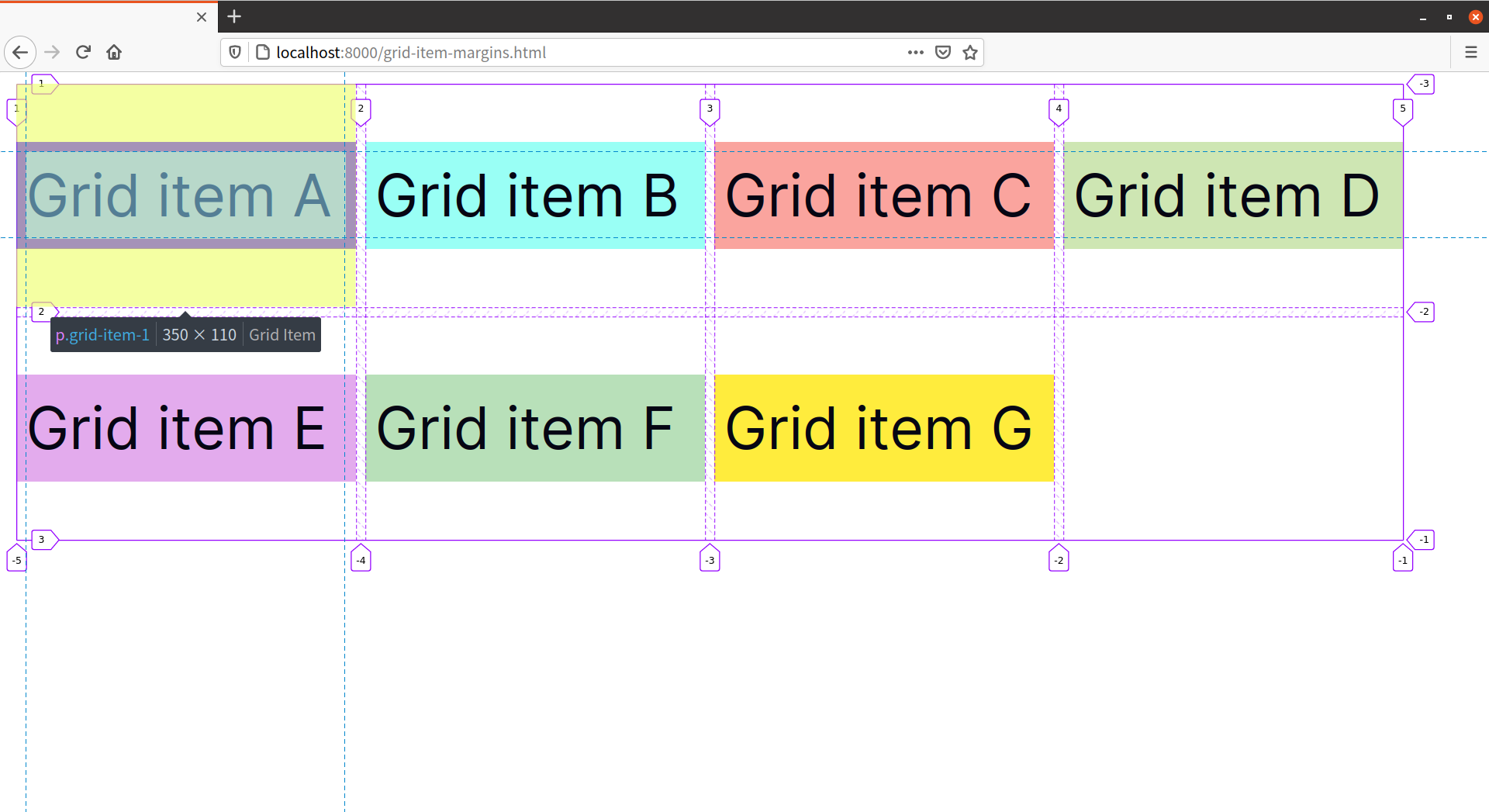 An inspector view showing that grid item margins are contained by the grid track and don’t collapse