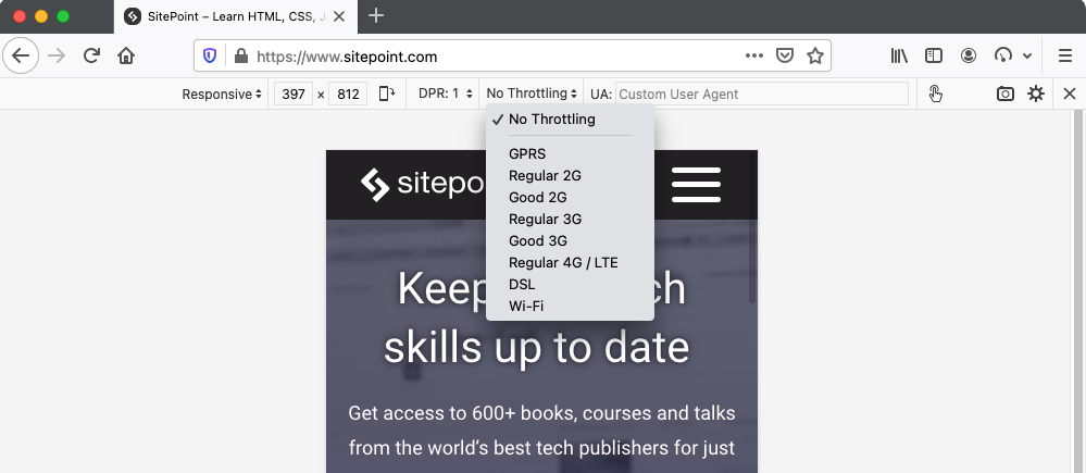Firefox Responsive Design Mode includes a throttling feature