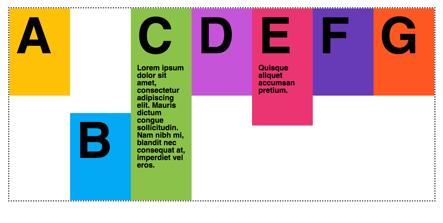 Items A though G in a row and all aligned to the top except B, which is aligned to the bottom