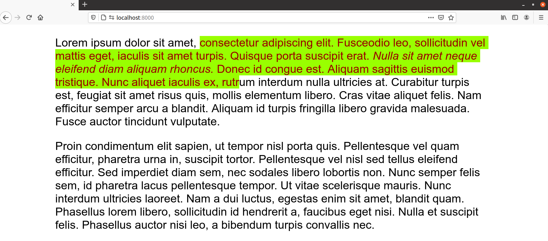 Deep red text on a lime-green background set using the ::selection pseudo-element