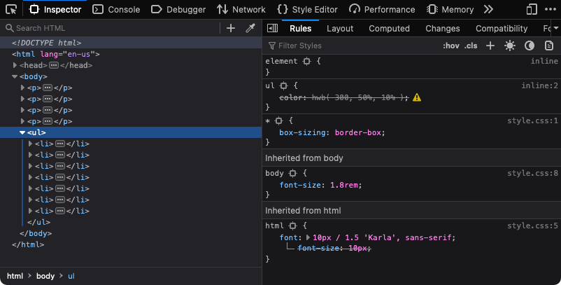 How Firefox Developer Edition indicates invalid or unsupported properties and values