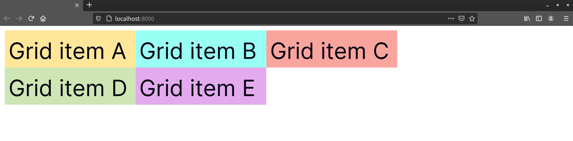 Our five grid items arranged in two rows and three columns