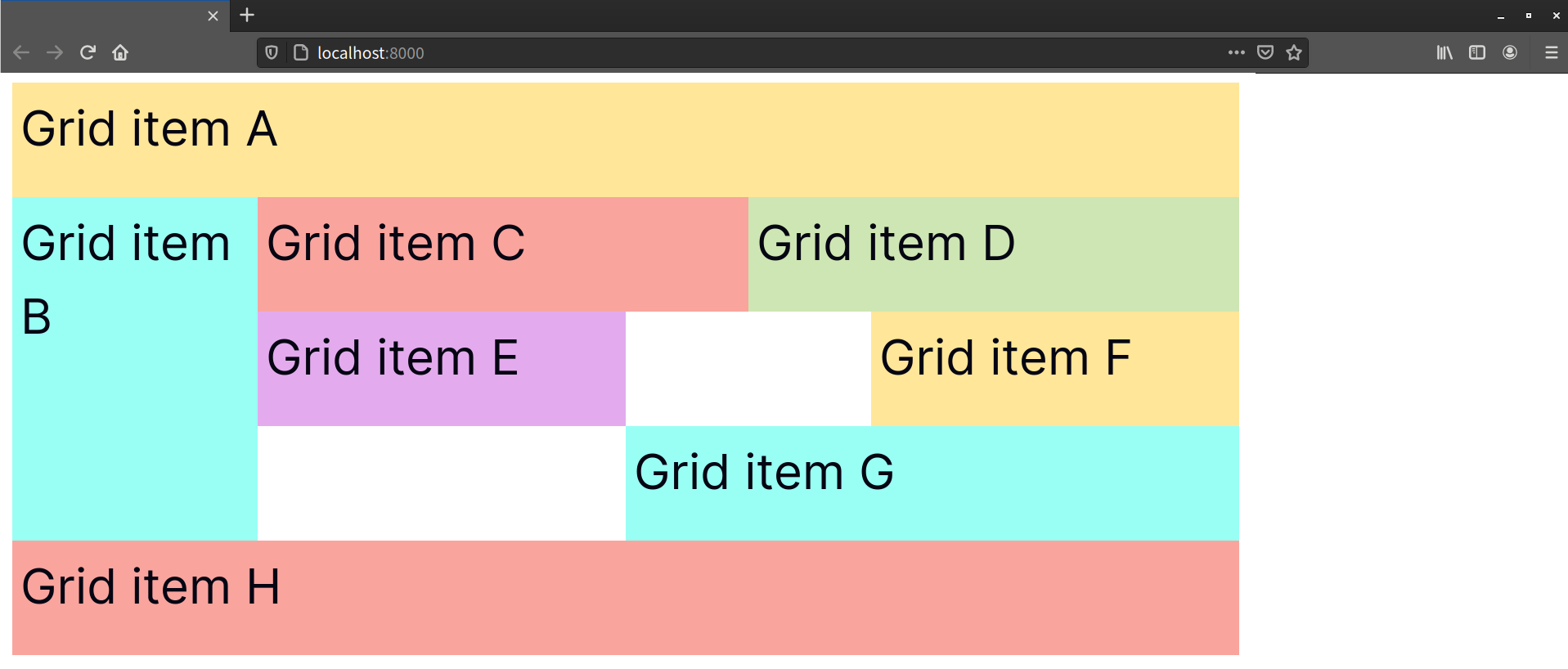 A complex grid layout with eight items and some gaps in between