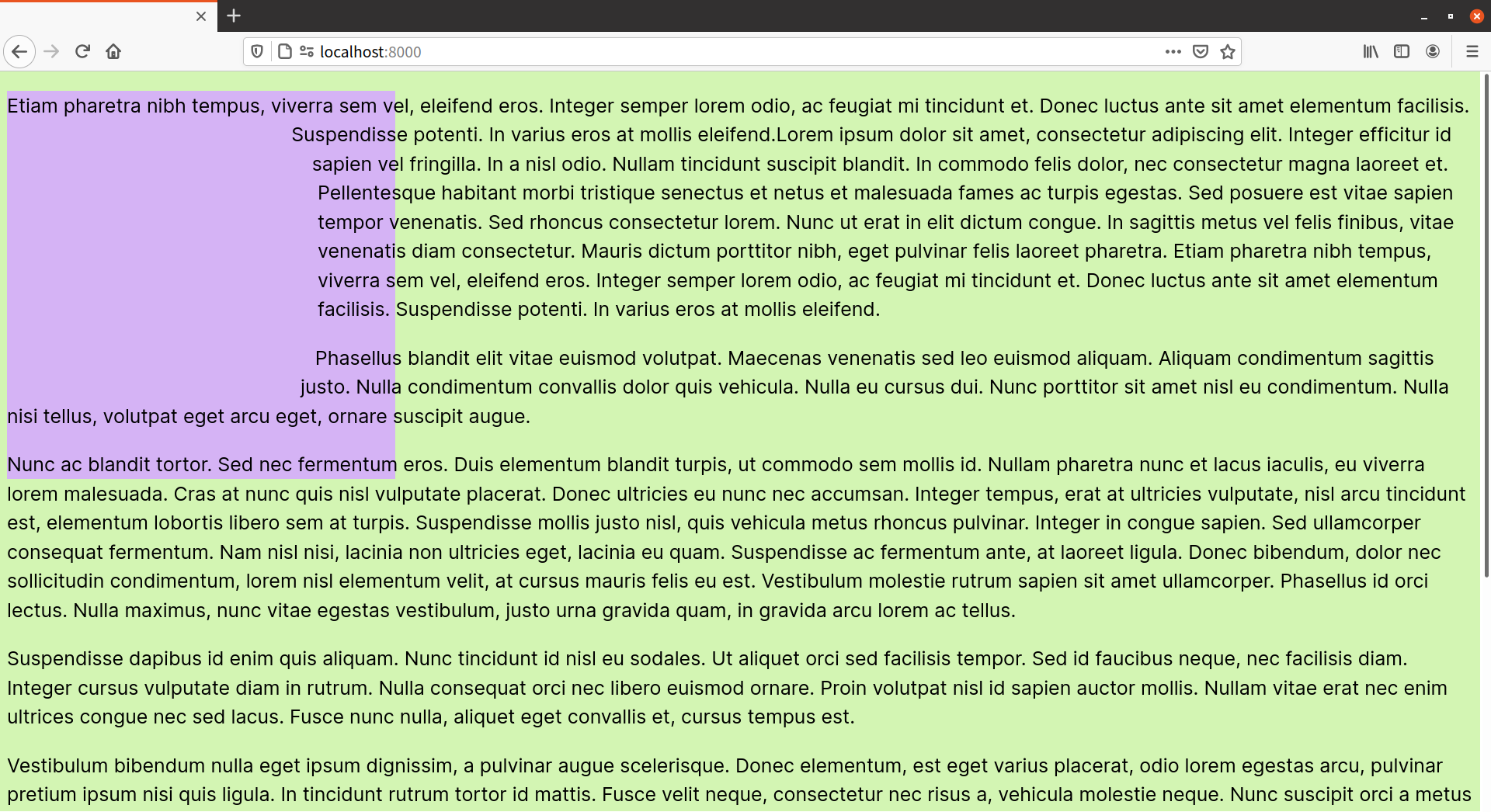 Text flows around a curve, overlapping parts of the square object, which has a purple background