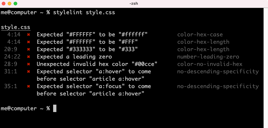 stylelint output after our rule changes