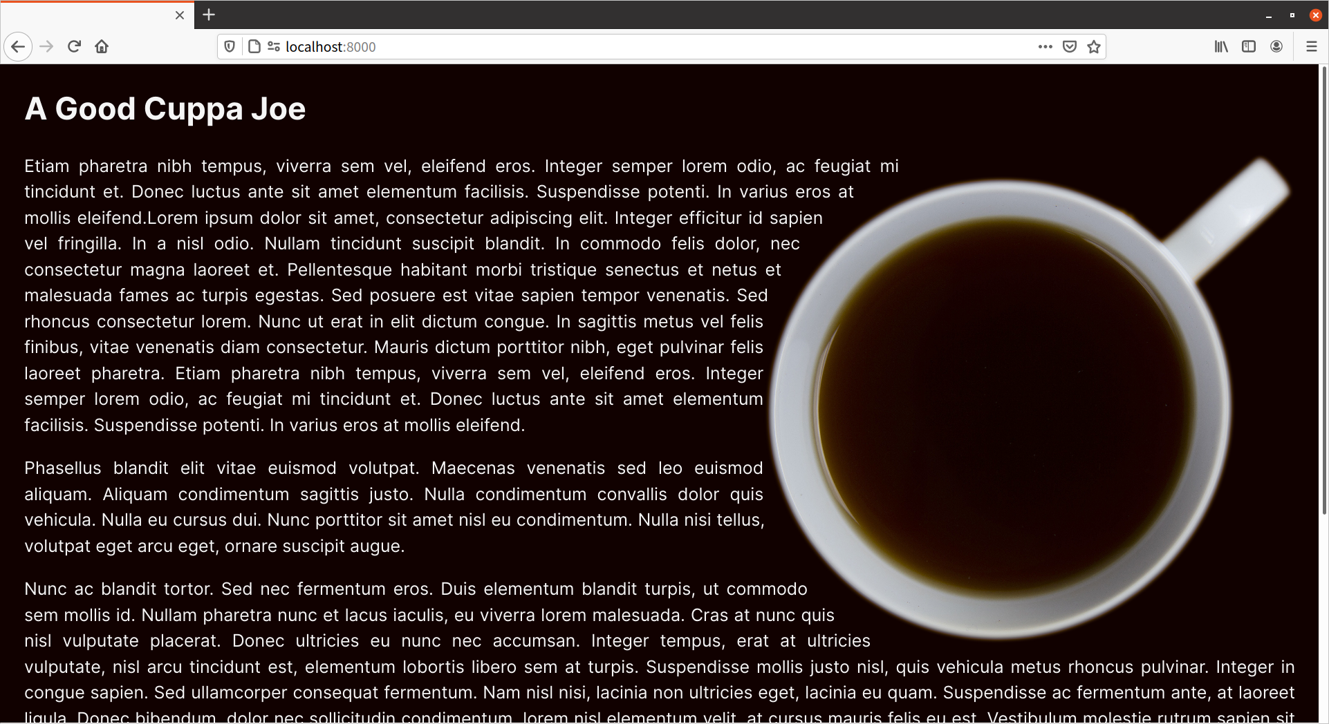 Text wrapping around in image of a coffe cup, with a heading of “A Good Cuppa Joe”