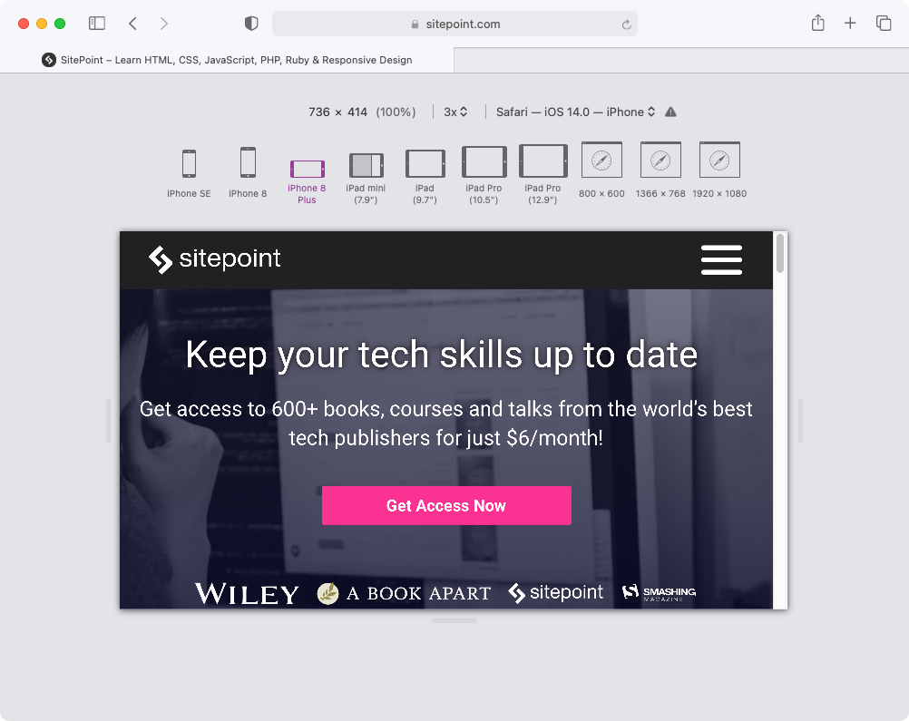 SitePoint.com as viewed using Safari’s responsive design mode