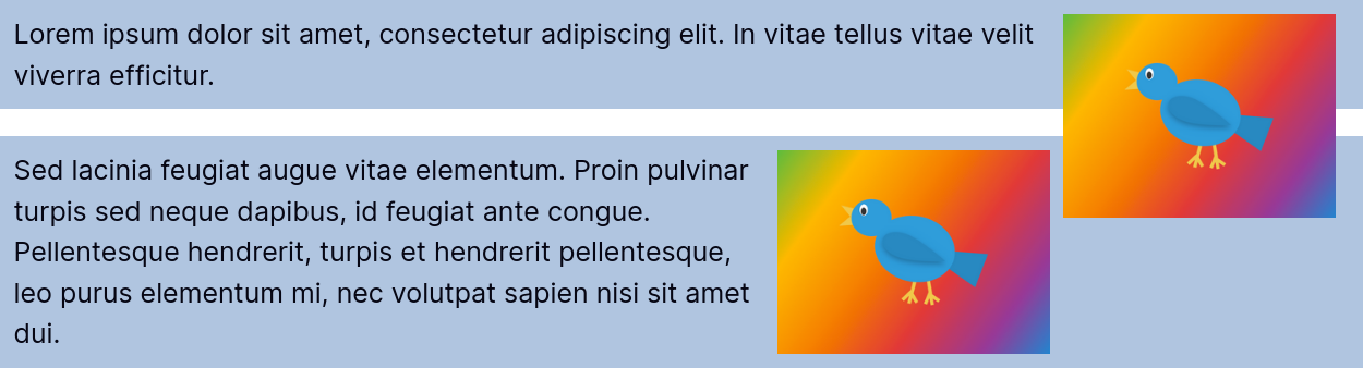 The contents of the second media item snag on the right-floated image of the first, which hangs out of its container