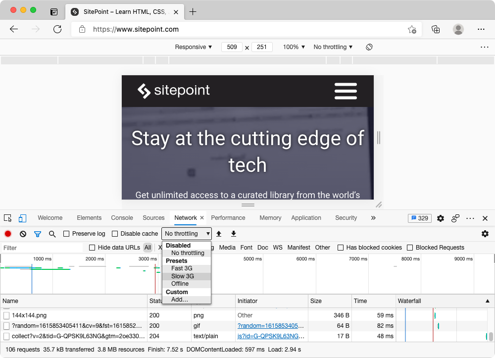 Microsoft Edge Chromium, shown here, and Google Chrome offer network speed throttling in the Network panel