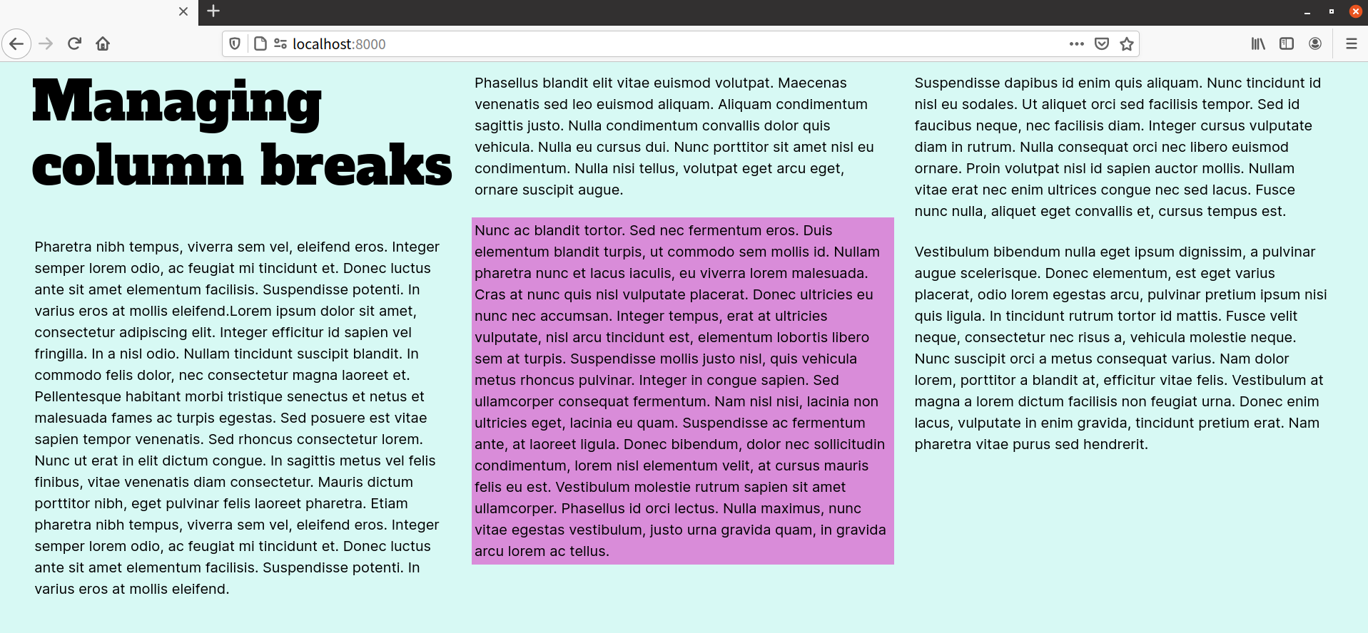 Using break-inside kepps a paragraph with a purple background contained within a single column