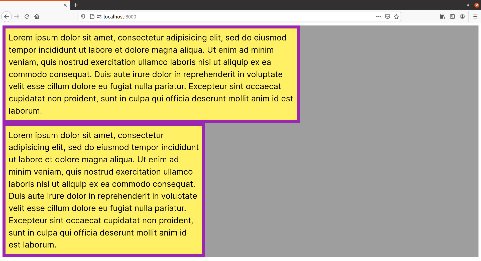 Elements with box-sizing: content-box. Both have a yellow background with a purple border, with the article sitting above the aside.