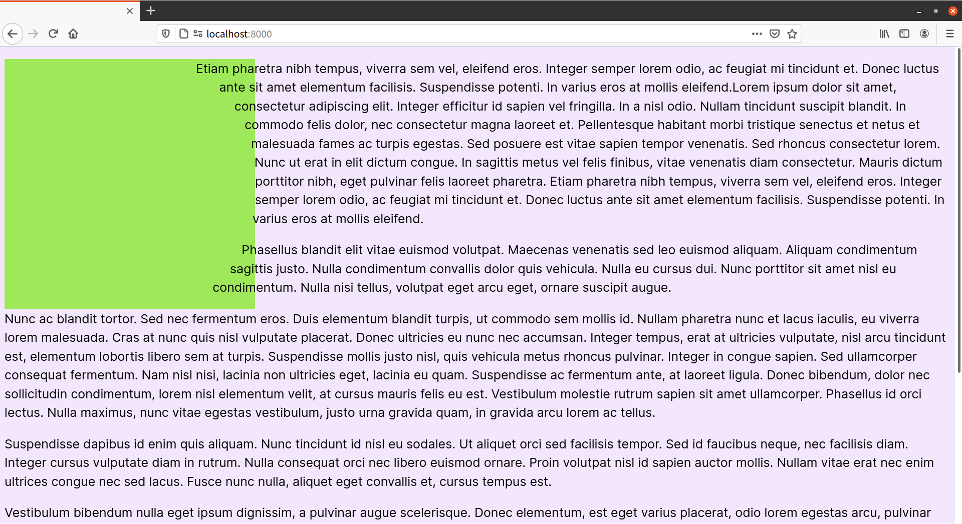 The floated box now appears as a green square, though the text still follows a curved shape