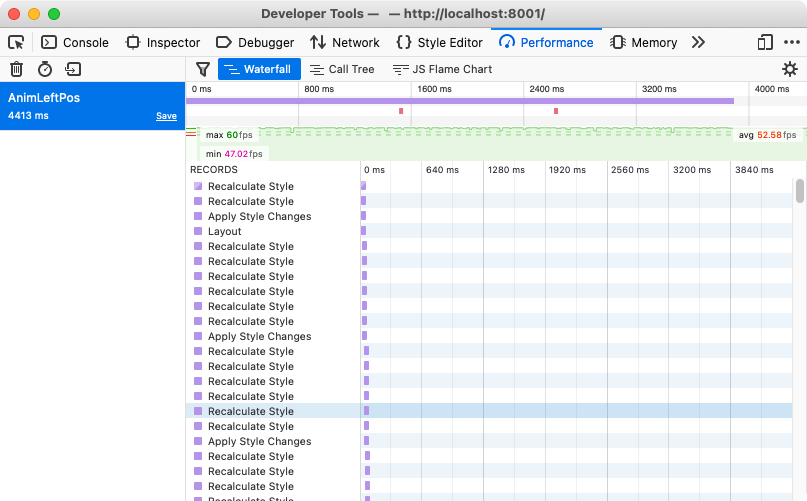 Firefox 86 managed an average frame rate of 52.58 frames per second when animating the left property