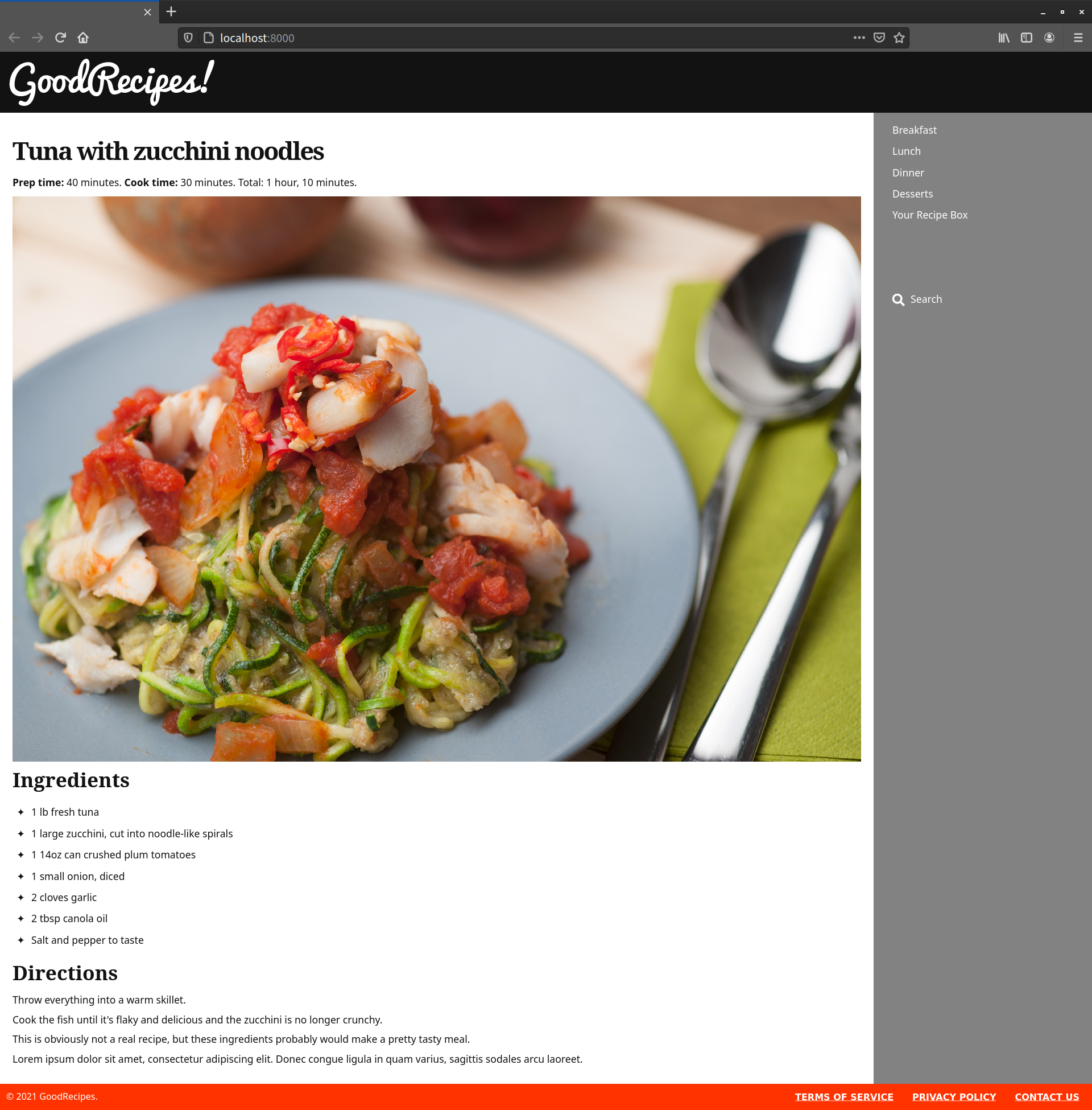A layout with heading, food image, menu list and cooking directions, with a sidebar to the right