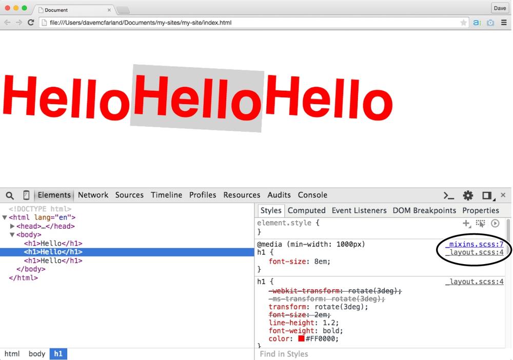 A CSS source map makes it easy for you to locate the Sass partial files containing the rules that format elements of a web page. Here, you can see that a media query was generated by a mixin in the _mixins.scss file, and the actual style for this heading tag is in the _layout.scss file. To change that media query, you’d open the _mixins.scss file; to change the font-size value for the headline or add more properties to it, you’d open and edit the _layout.scss file.
