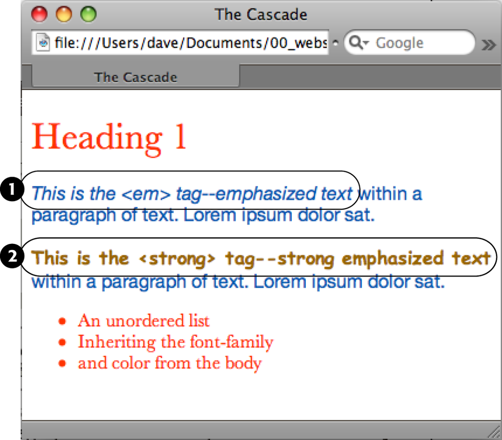 Here’s how web browsers figure out which properties to display when inherited properties conflict: The <em> tag in the first paragraph (1) inherits the font family and color from both the <body> tag and the paragraph. But since the body and paragraph have different fonts and colors applied to them, the <em> tag uses the font and color specified for its closest ancestor—the <p> tag. When a style applies directly to a tag—the font family and color are specified for the <strong> tag (2)—browsers ignore conflicting inherited properties.