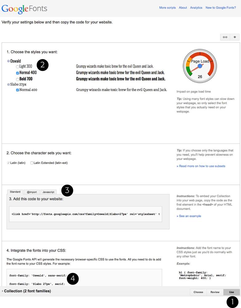 When you’re ready to use the Google fonts that you’ve added to your collection, click the Use button in the bottom right (#1), and then choose the styles you want (#2) and the method you’d like to use to attach those fonts to a page (#3). The most common way is to simply link to a style sheet that loads the fonts from Google’s servers.