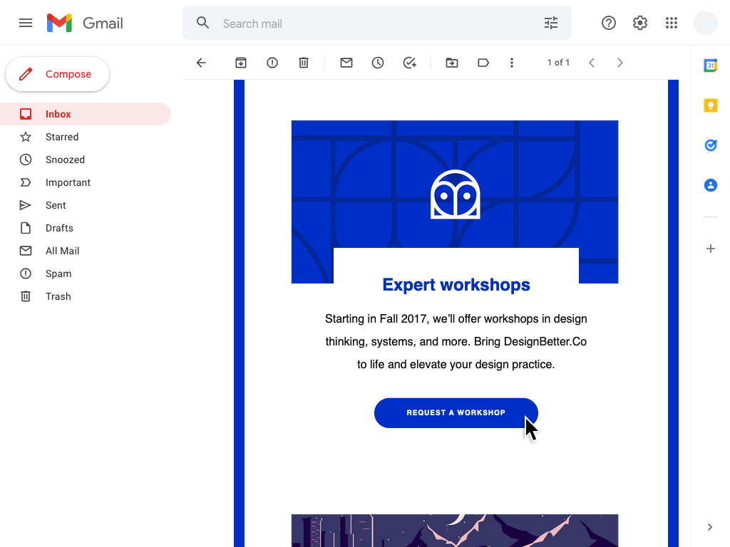 Animated screenshot showing a hover effect on a link button in Gmail