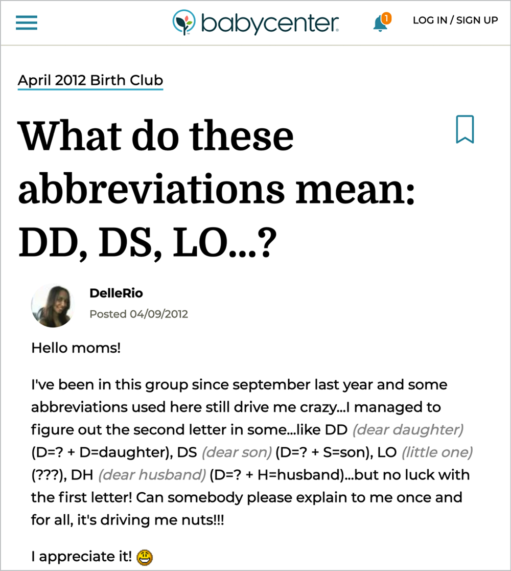 Babycenter.com forum post with the headline “What do these abbreviations mean: DD, DS, LO…?” and showing the abbreviations automatically spelled out.