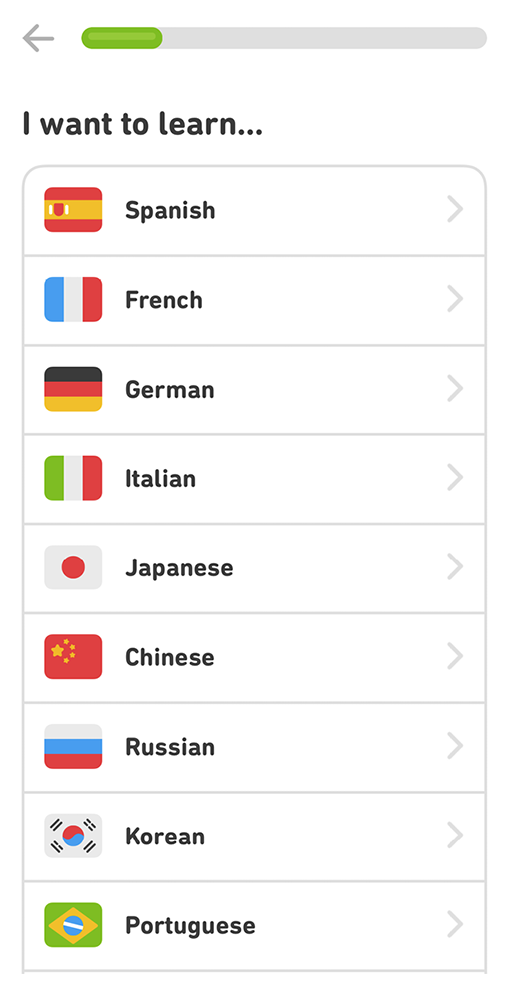 Page in the onboarding flow for Duolingo, showing a list of languages and a progress bar for the flow.