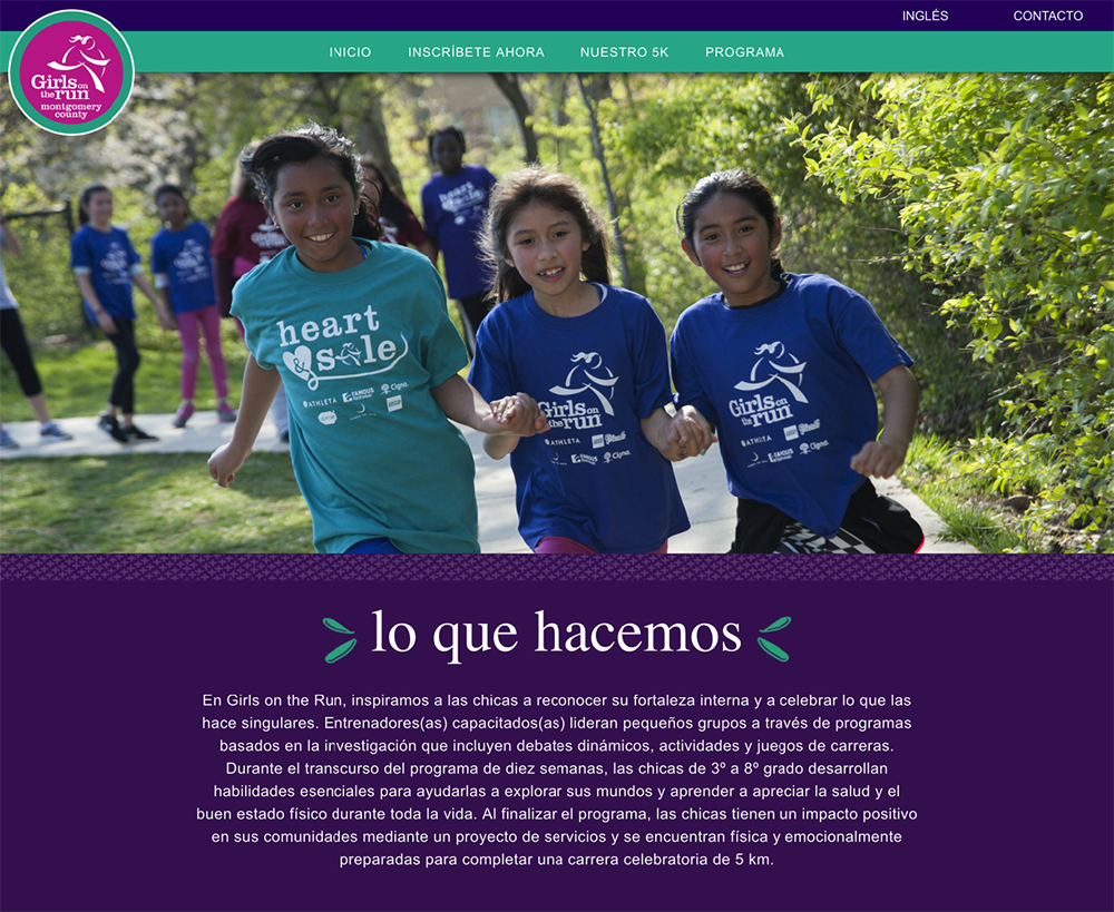 A Spanish microsite for Girls on the Run Montgomery County, with imagery of running children and the headline “lo que hacemos.”