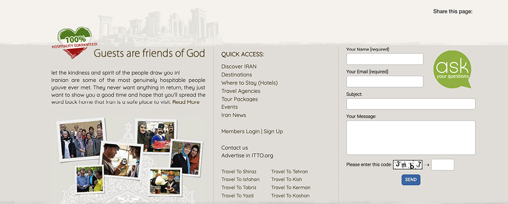 Footer for Iran Tourism Board website shows photographs of groups of people and language describing the hospitality of Iranians.