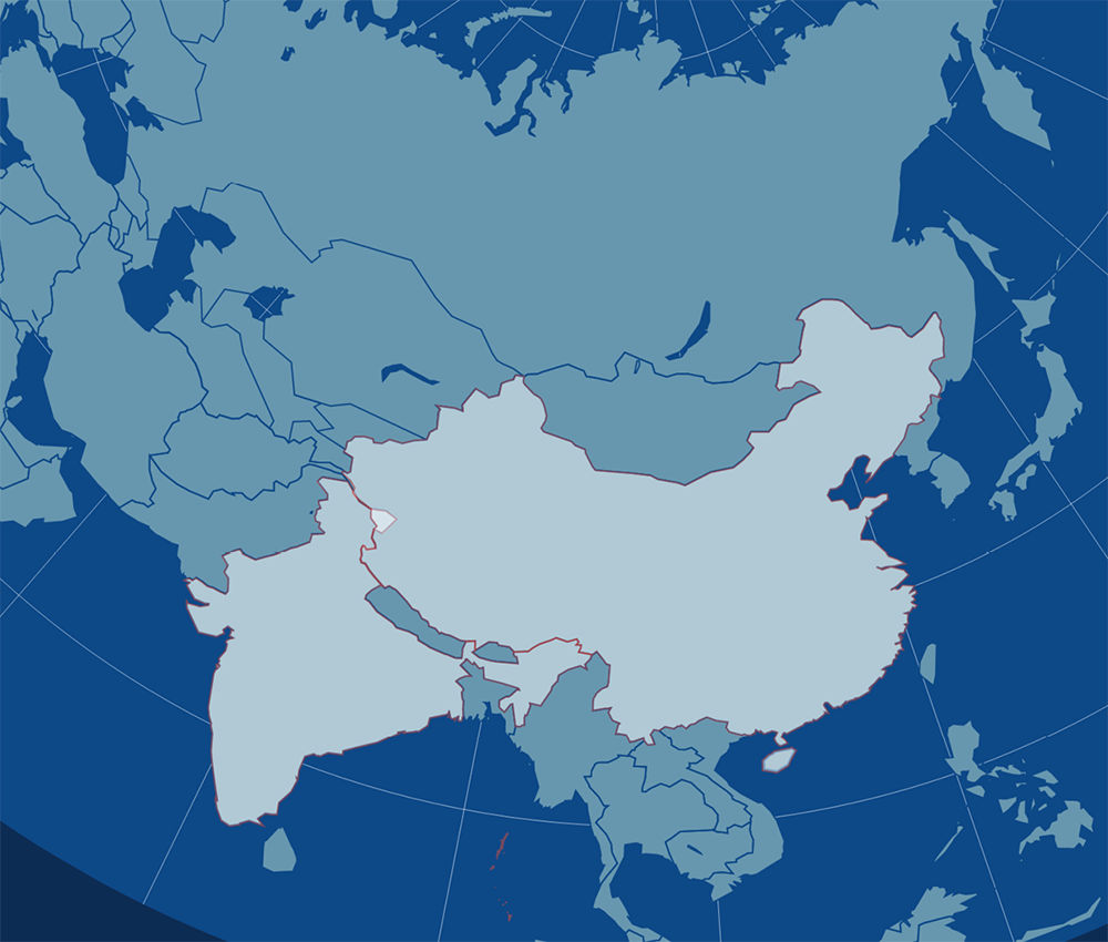 Map of Asia showing India and China with the Aksai Chin region between them highlighted.